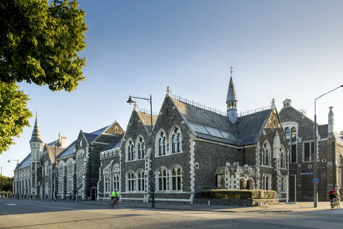 The historic stone architecture of the Christchurch Arts Centre, a popular and elegant location for wedding photography.
